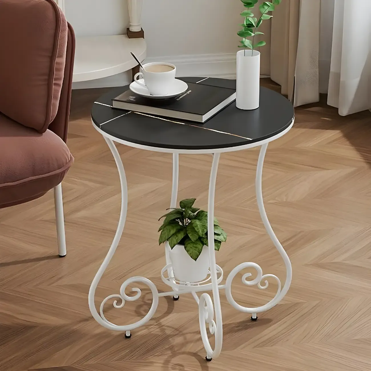 Modern Gloss Finish Steel Marble-Top Round Side Table