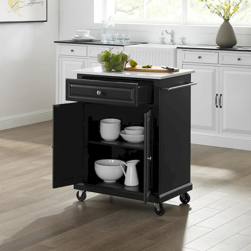 Portable White Granite Top Kitchen Cart Black Finish Cabinet Drawer & Casters 31x18x35