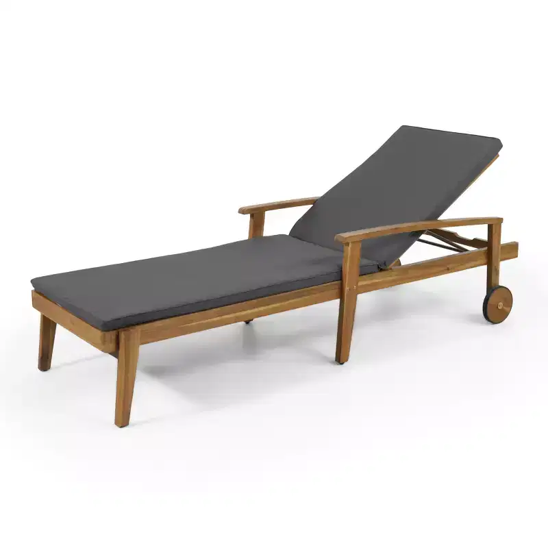 Acacia Wood Chaise Lounge with Cushion, 5-Position Reclining Patio Lounger