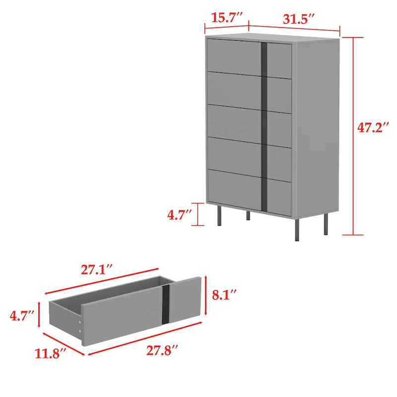 Grey 5-Drawer Wooden Dresser with Adjustable Metal Legs – 1 Person Assembly