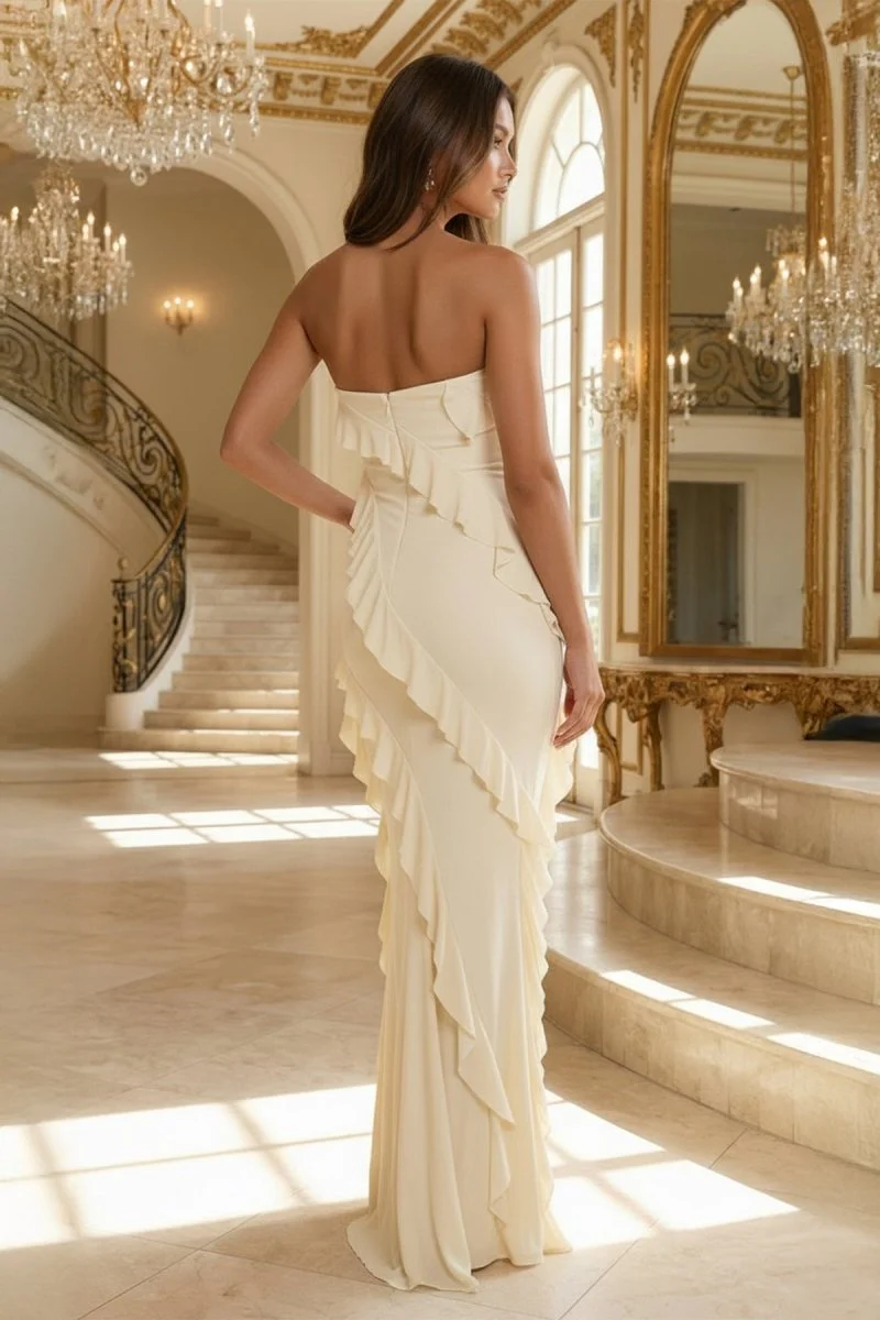 Pink - Sheath Strapless Chiffon Long Prom Dresses With Ruffles