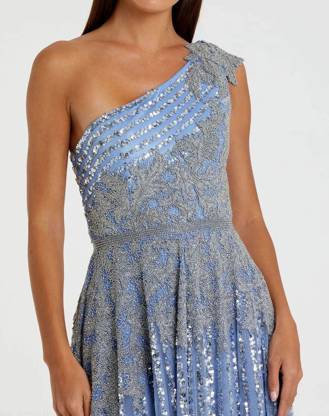 Blue Beaded Embellished One Shoulder A Line Gown