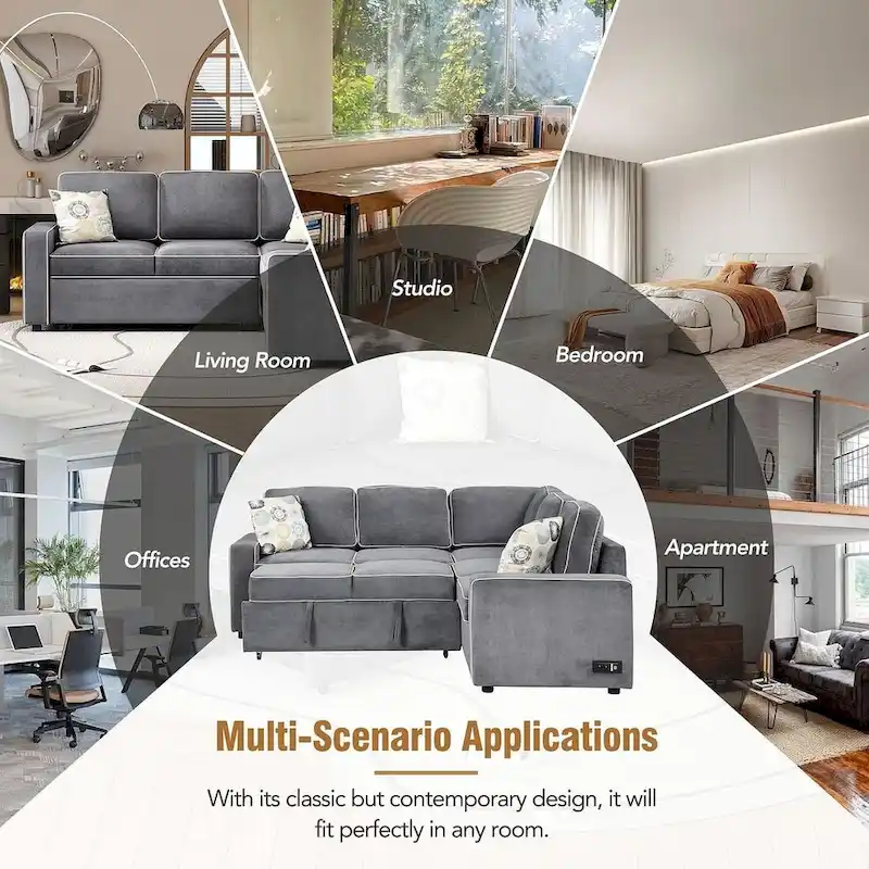 L-Shaped Reversible Chaise Sectional Sofa Pull Out Sofa Bed