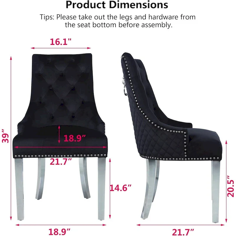 Velvet Dining Chairs Set of 2, Upholstered Tufted Nailhead Dining Room Chairs with Stainless Steel Legs & Lion Head Pull Ring