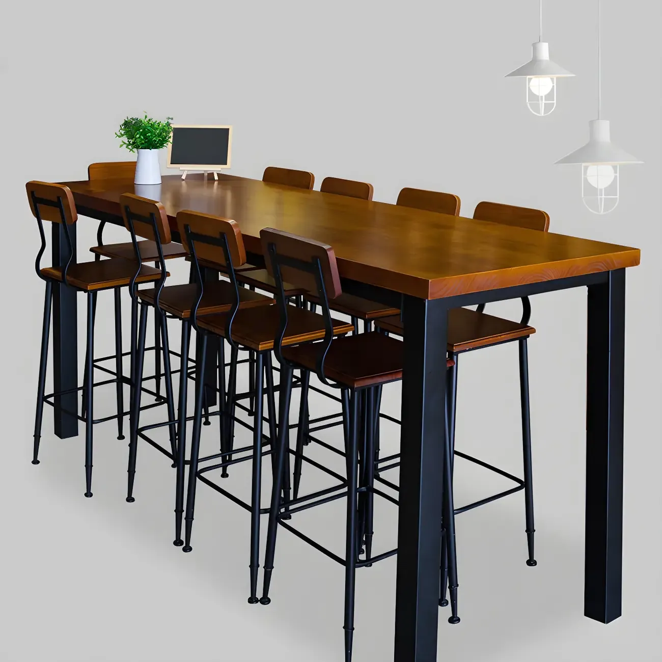 Industrial Brown Wood Black Iron 4-Leg Rectangular Bar Tables