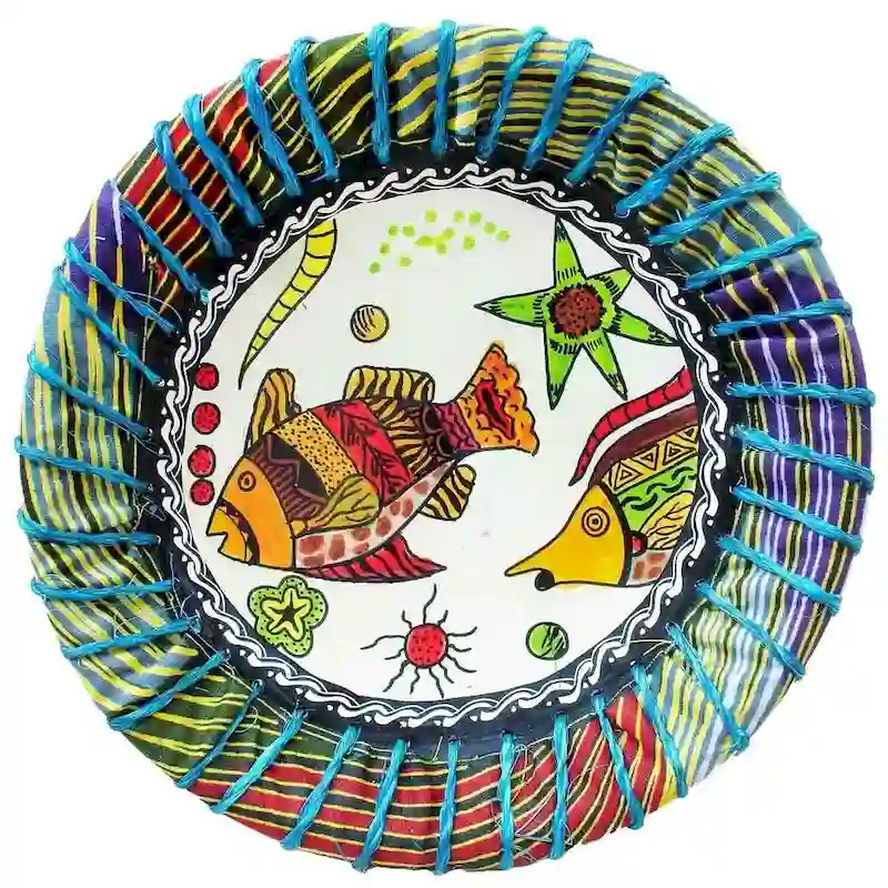 Kisii Soapstone Decorative Tropical Fish Plate with Kente Fabric & Sisal Rope Accent