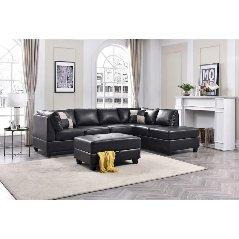 Malone 111 in. Faux Leather 4-Seater Sectional Sofa with 2-Throw Pillow - 111L x 78W x 34H