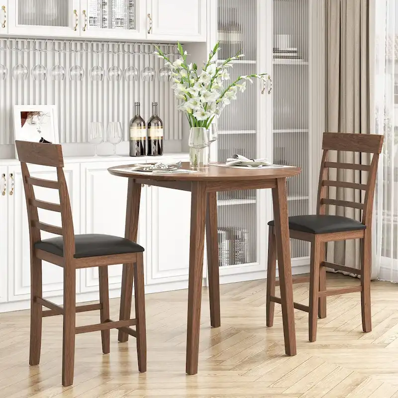 3PCS Retro Round Counter Height Drop-Leaf Table Set