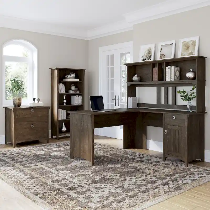 Salinas 60W L Desk with Hutch, Cabinet and Bookcase by Bush Furniture