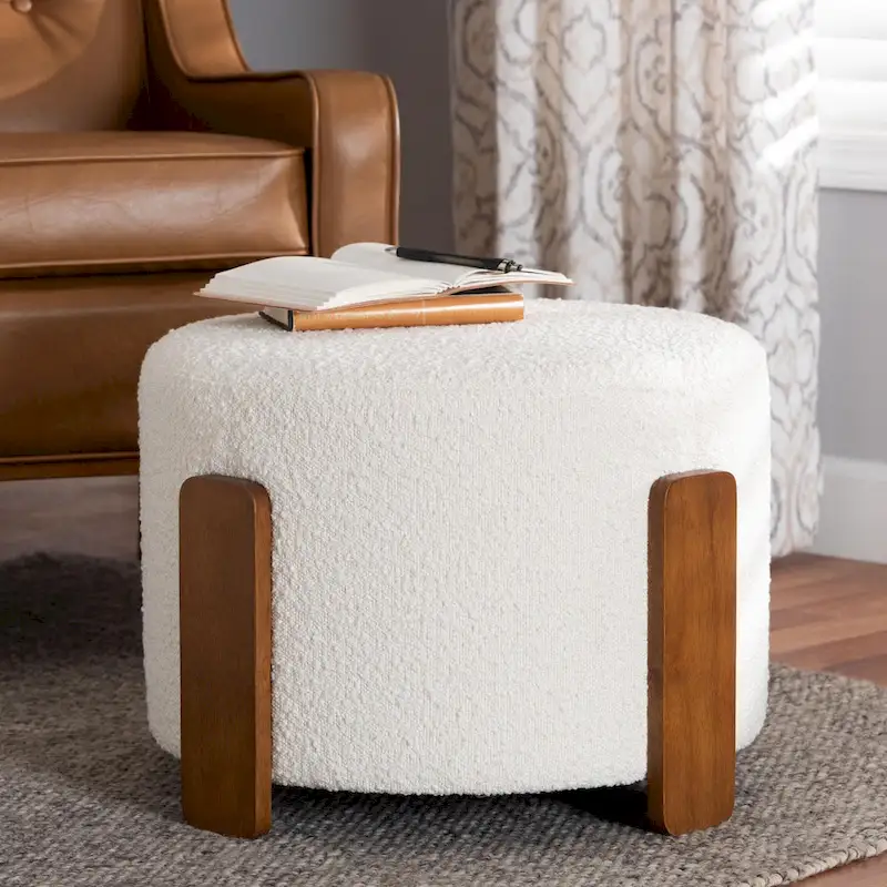 Modern Japandi Boucle Fabric and Wood Ottoman Footstool