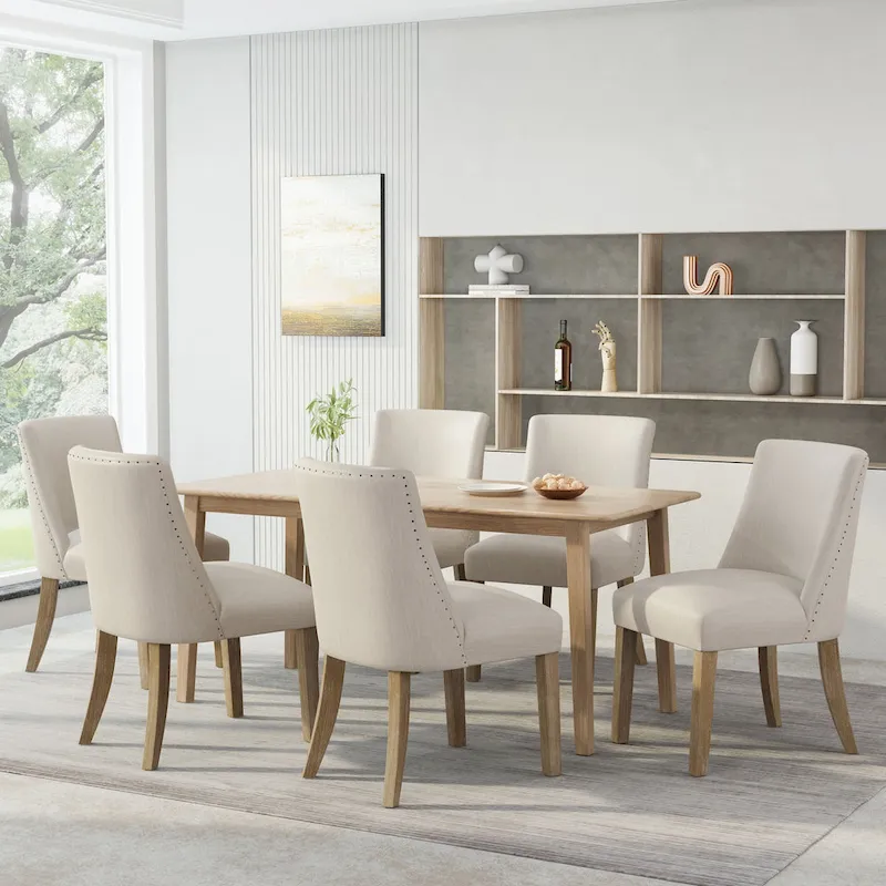 Upholstered Fabric Dining Chair with Nailhead Trim & Wood Legs, Set of 6, Multiple Colors