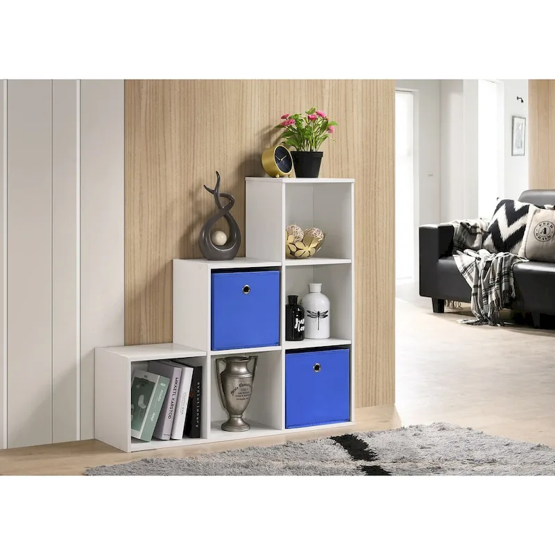 White 6-Cube Storage Organizer with 2 Navy Fabric Drawers, Cube Style