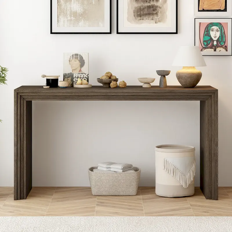 Natural / Black Striped Console Table, Single-Person Assembly, Paulownia Veneer