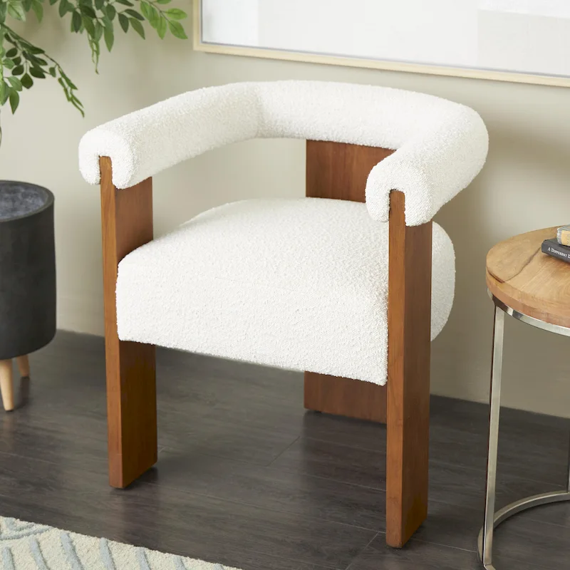 Curved Back Mid-Century Modern Boucle Accent Chair – Cream, Fully Assembled