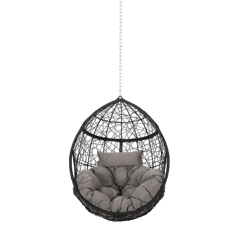 Castic Outdoor Hanging Chair, 46 Inch Rattan Frame, Black Iron, Gray