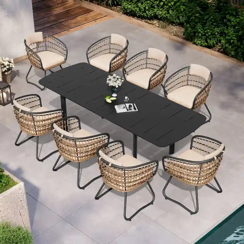 7/9PC Outdoor Aluminum Expandable Patio Dining Set Extension Table with Rattan Chair