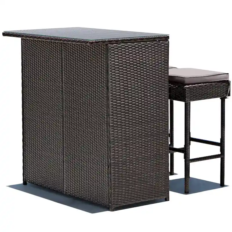 Gymax 3PCS Rattan Patio Bar Table & Stool Set Dining Set w/ Gray & Off
