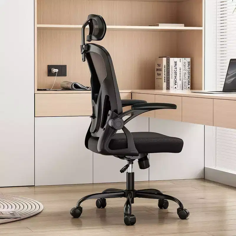 Okak Desk Chair with Wheels, Office Chair with Flip-Up Arms, Adjustable Headrest&Lumbar Support for Office, Study, Reading Room