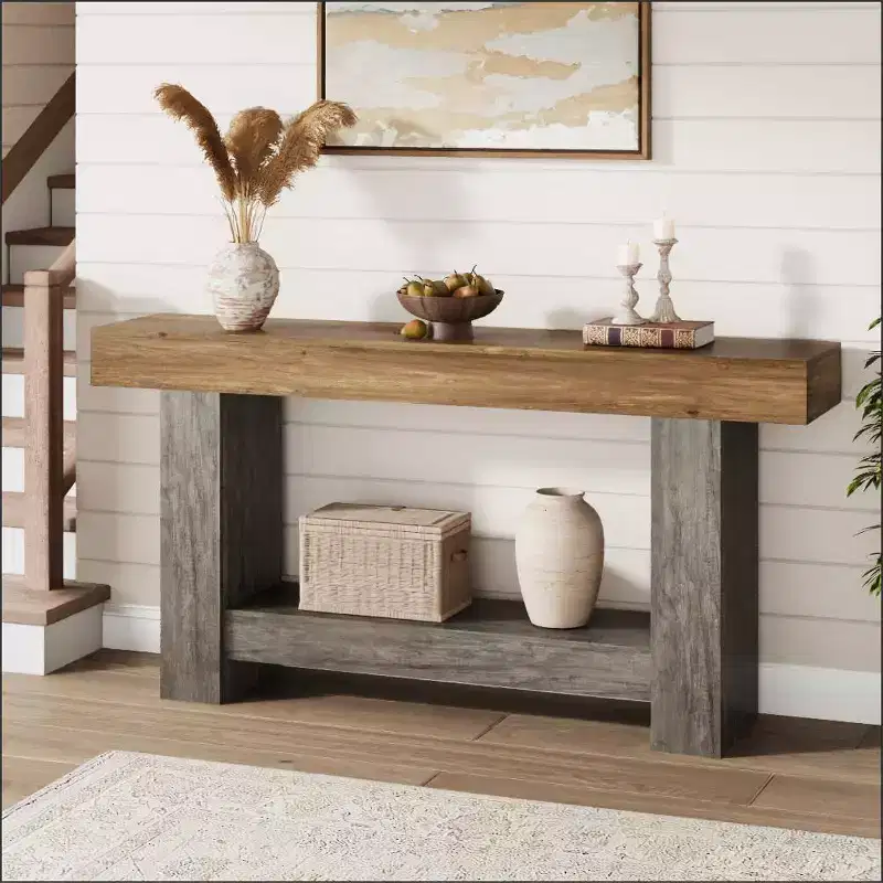 Farmhouse Console Table, 2-Tier Long Sofa Table with Open Storage, Wooden Entryway Accent Table for Entrance, Living Room, Hallway, or Foyer