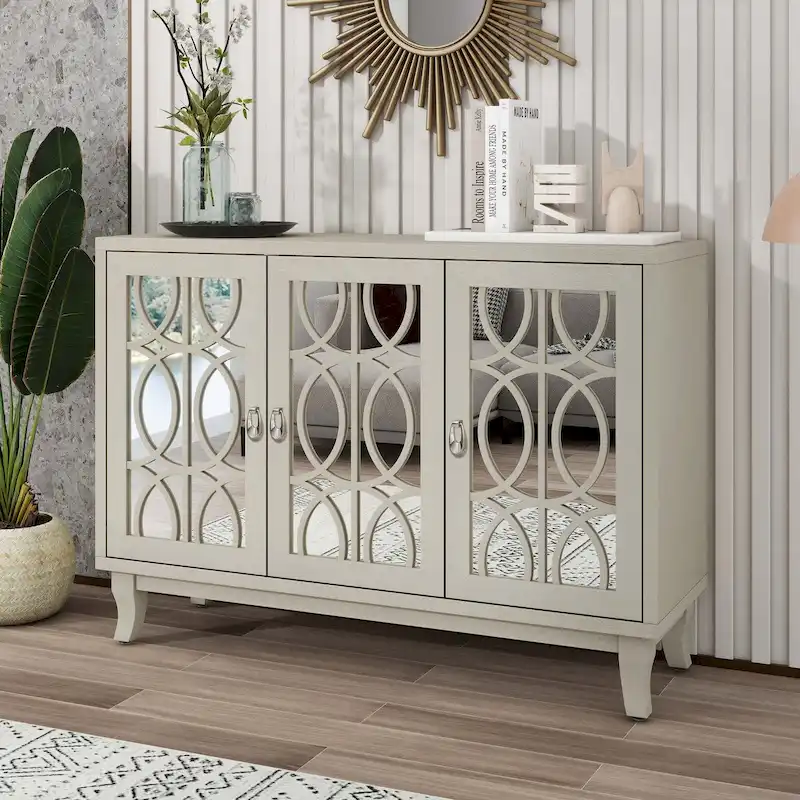 Sideboard with Glass Doors and Silver Handle for Living Room