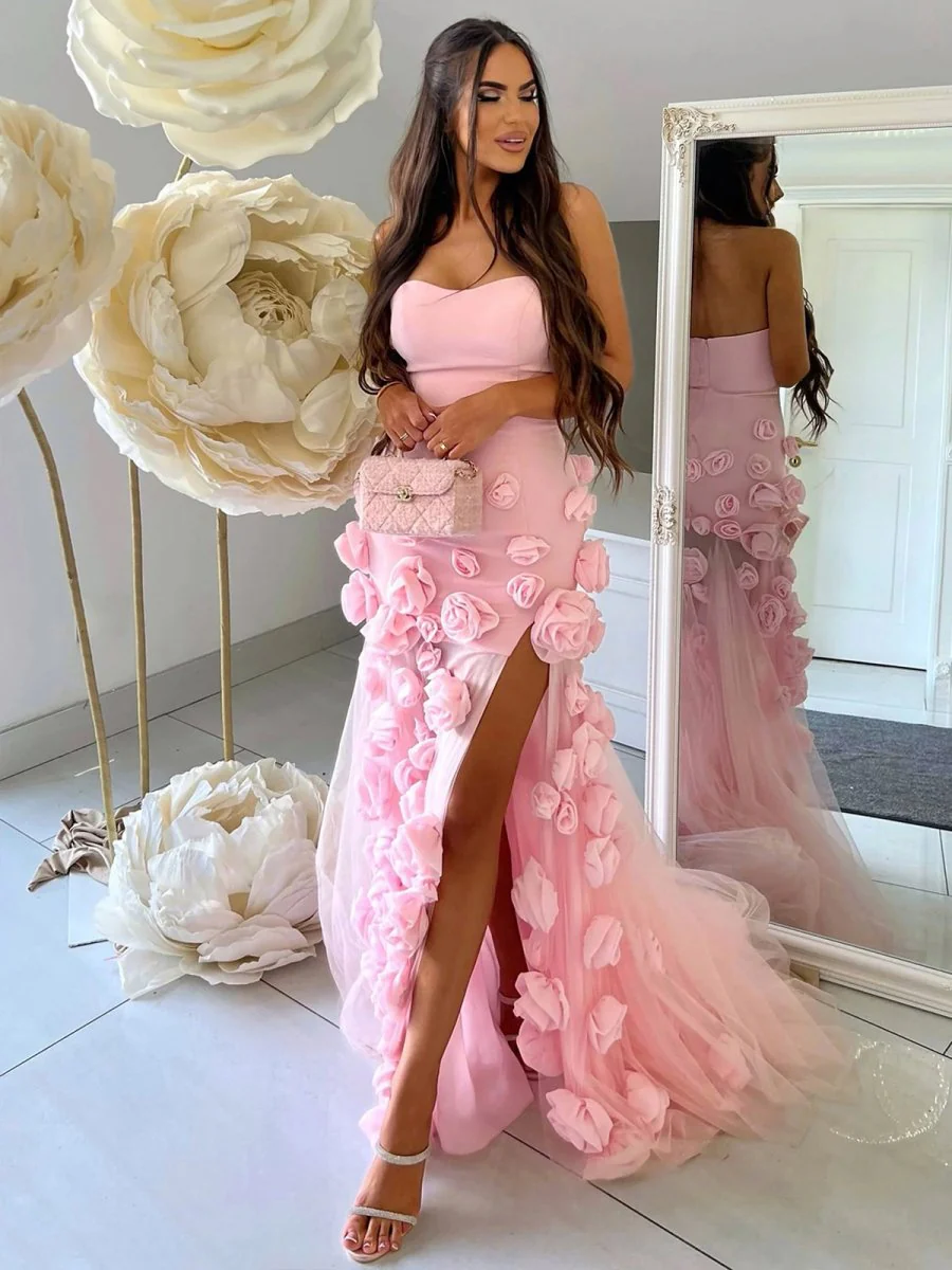 A line Sexy Strapless Sleeveless Pink Slit Flowers Prom Dress
