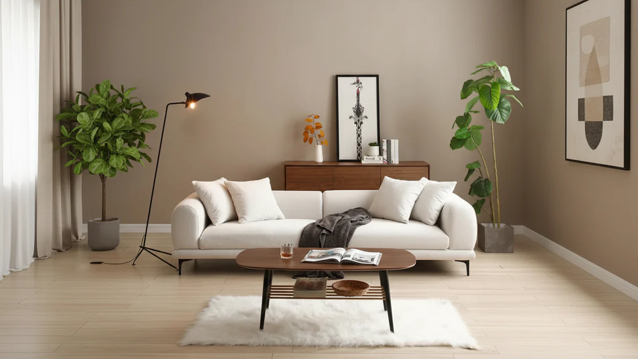 Fabric Sofa with Recessed Arms & Metal Legs – Blue / Beige, Mid-Century Modern, Seats 4