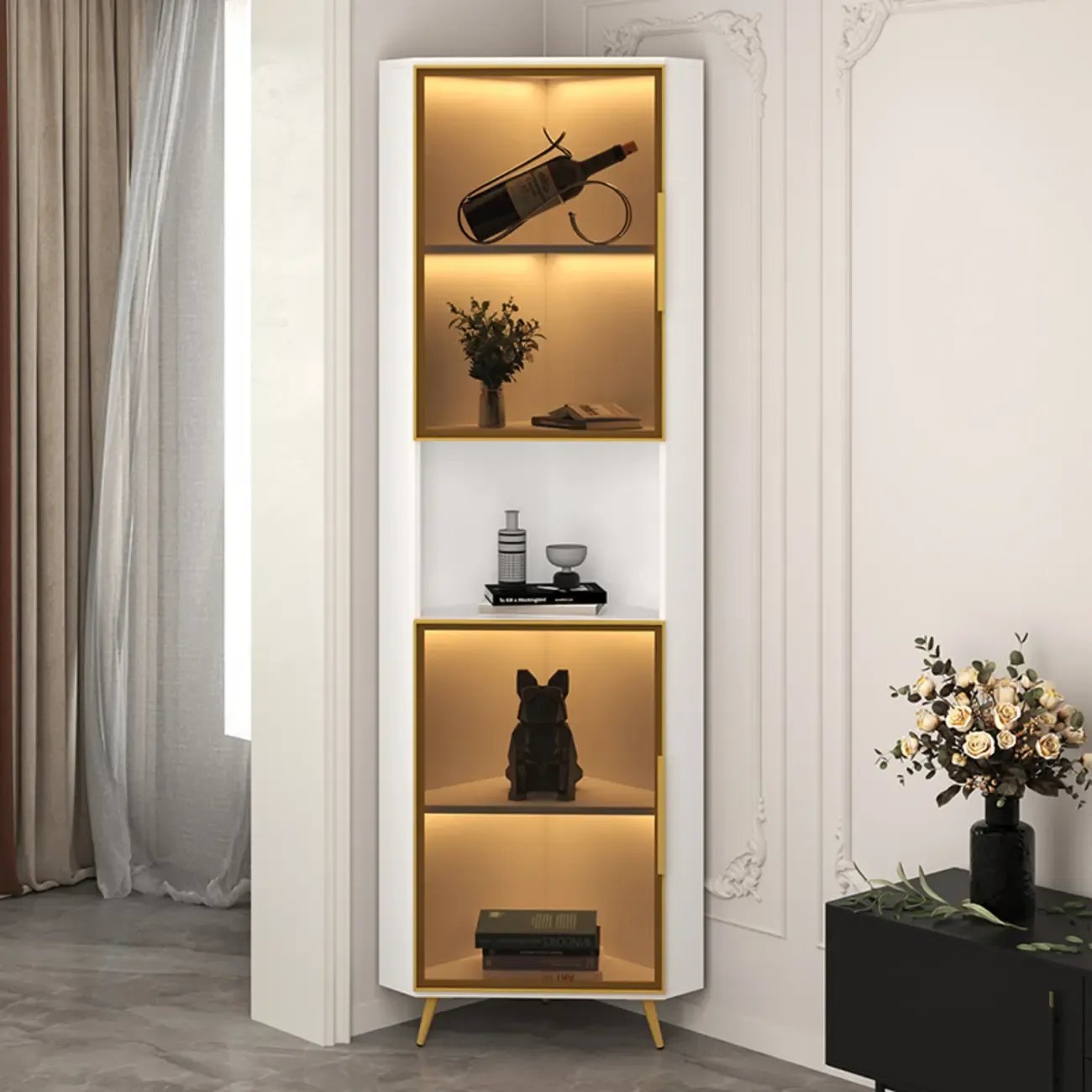 Modern Glam White-Gold Wood Glass Display Cabinet
