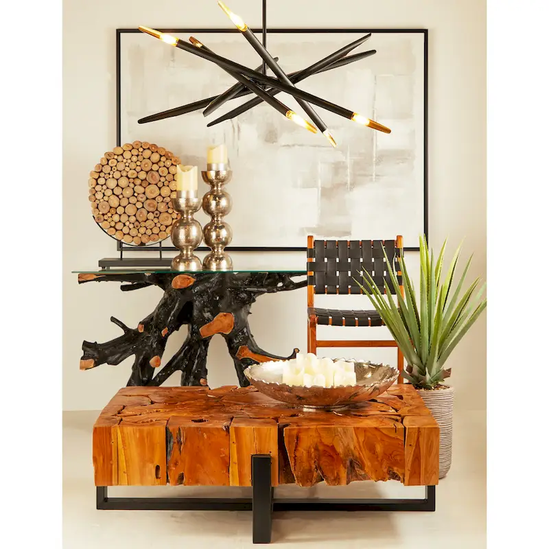 Teak Wood Live Edge Tree Stump Console Table with Clear Glass Top - Black - Roche River Decor - 16 W x 49 L x 32 H