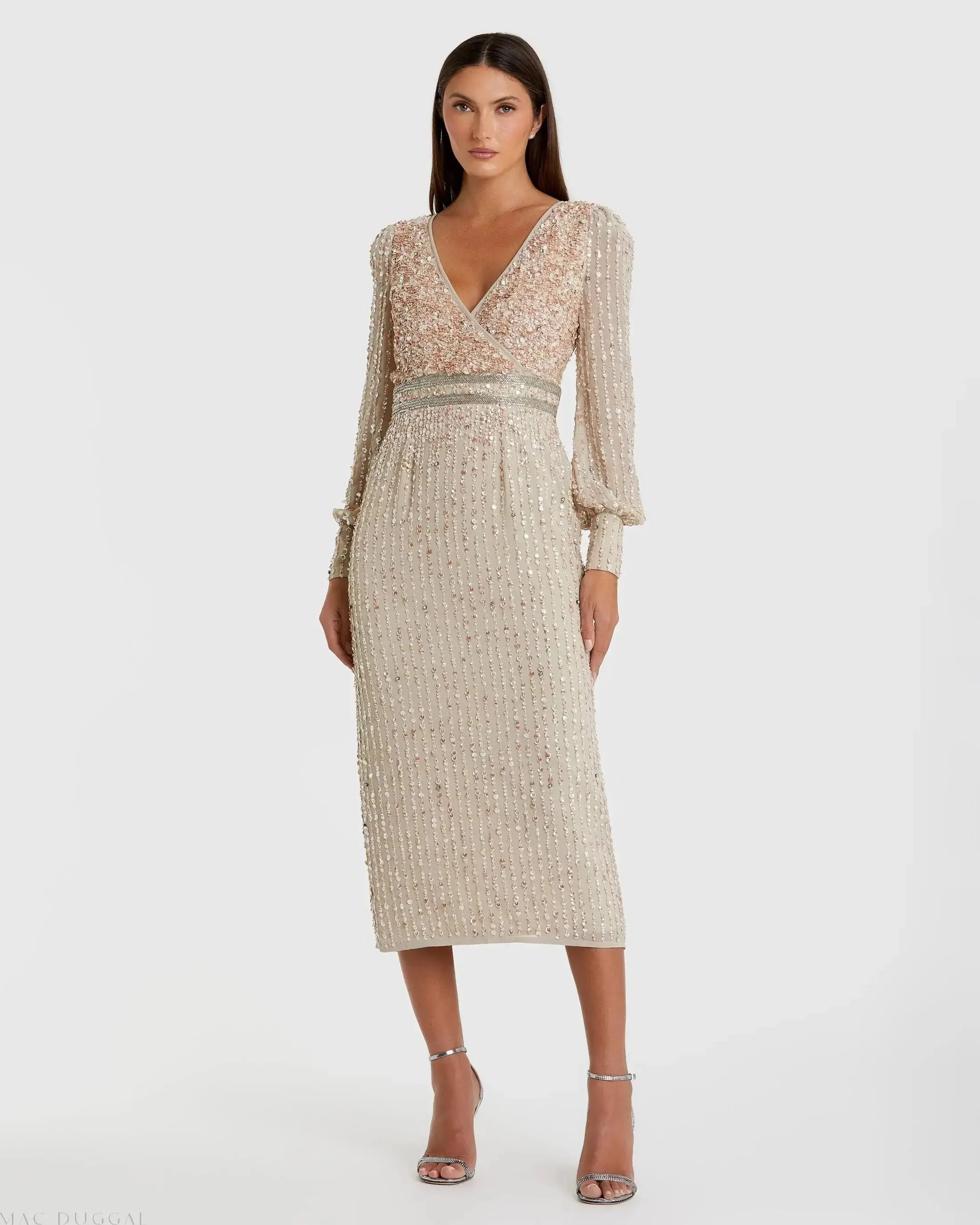 Beige Sequined V Neck Bishop Sleeve Dress