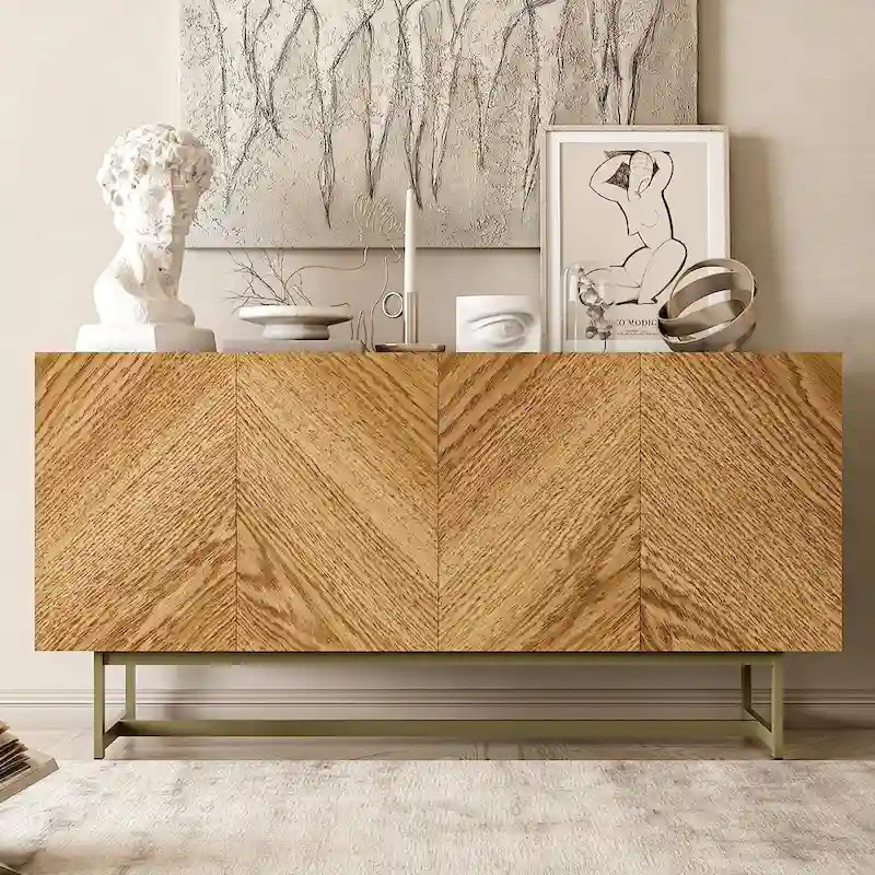 Media Console Cabinet & TV Stand with Herringbone Doors, Faux Marble Top, up to 60 Inch