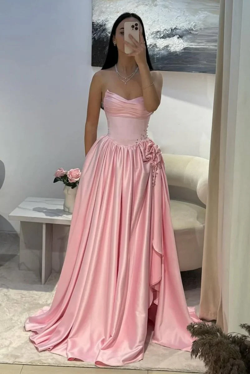 Pink Strapless Satin Beaded A Line Prom Dresses With Slit