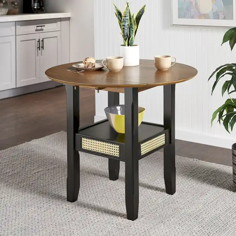 Antique / Oak Finish Round Cane Accent Dining Table with 2 Drop Leaves, Seats 2