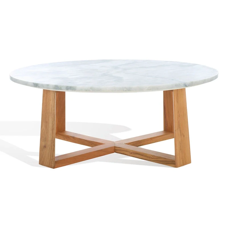Round Marble Top Coffee Table with Acacia Wood Legs – White/Natural / White/Black