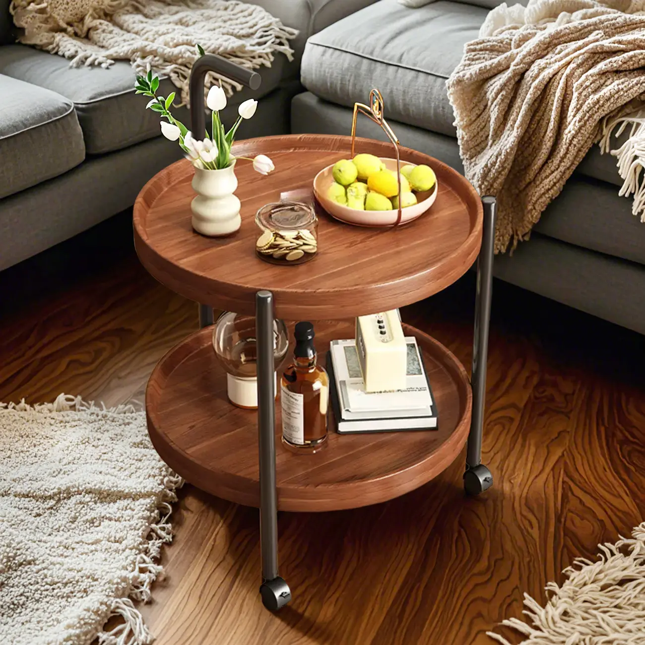 Modern 2-Tier Wood Round Coffee Table with Wheels, Tray