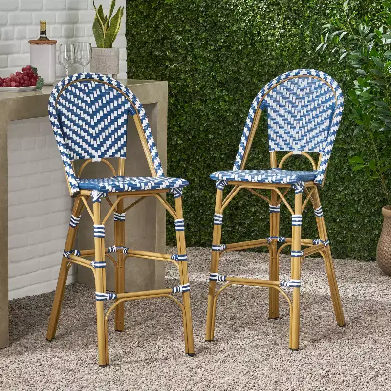 sumyeg 29.5 Outdoor French Bistro Bar Stools Set of 2, PE Rattan Wicker with Aluminum Frame, Bamboo Look Finish, Navy Blue & White