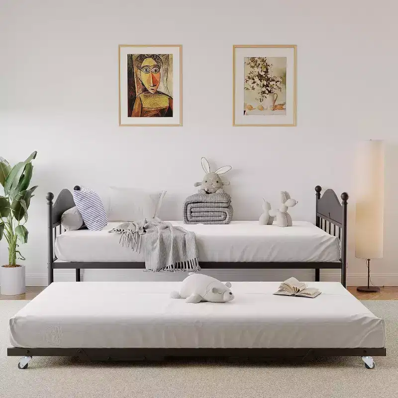 Twin Daybed with Trundle, Sturdy Metal Foldable Bed Frame, Metal Double-Sized Sofa Bed, Heavy-Duty Steel Bed Frame, for Home