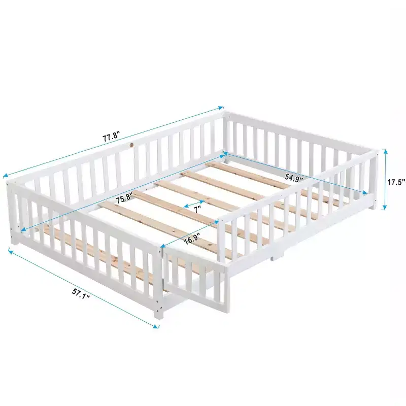 Okak Full Size Bed with Headboard,Solid Wood Platform Bed Frame with Fence,Suitable for children, Pine Wood, White