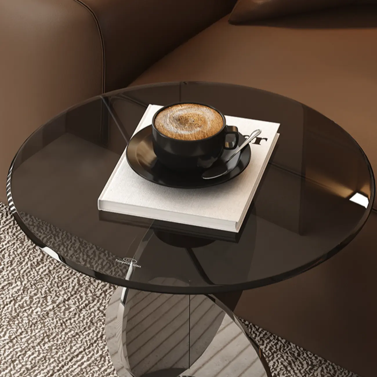 Modern Round Glass Top Stainless Pedestal Side Table