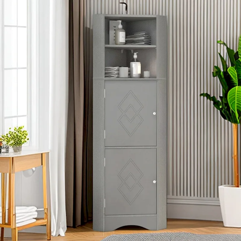 61  H Bathroom Cabinet, Freestanding Floor Storage Cabinet with Open Shelf & Doors