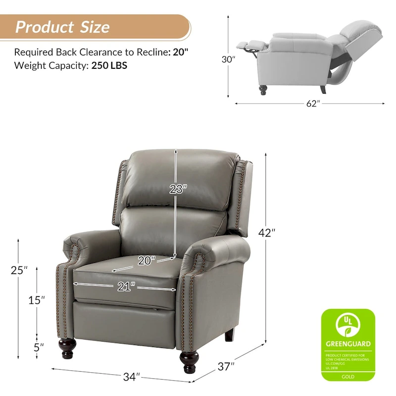 Gabriela Mid-Century Modern Genuine Leather Recliner Nail Head Trim Set of 2 by HULALA HOME