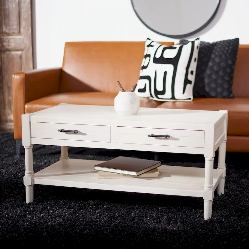 2-Drawer Bottom Shelf Coffee Table – Distressed White / White Washed Grey / Black / Brown