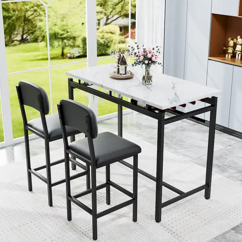 Kitchen Dining Table Chair Set, 3 Piece Counter Height Table Set with Storage Shelves and 2 Upholstered Chairs