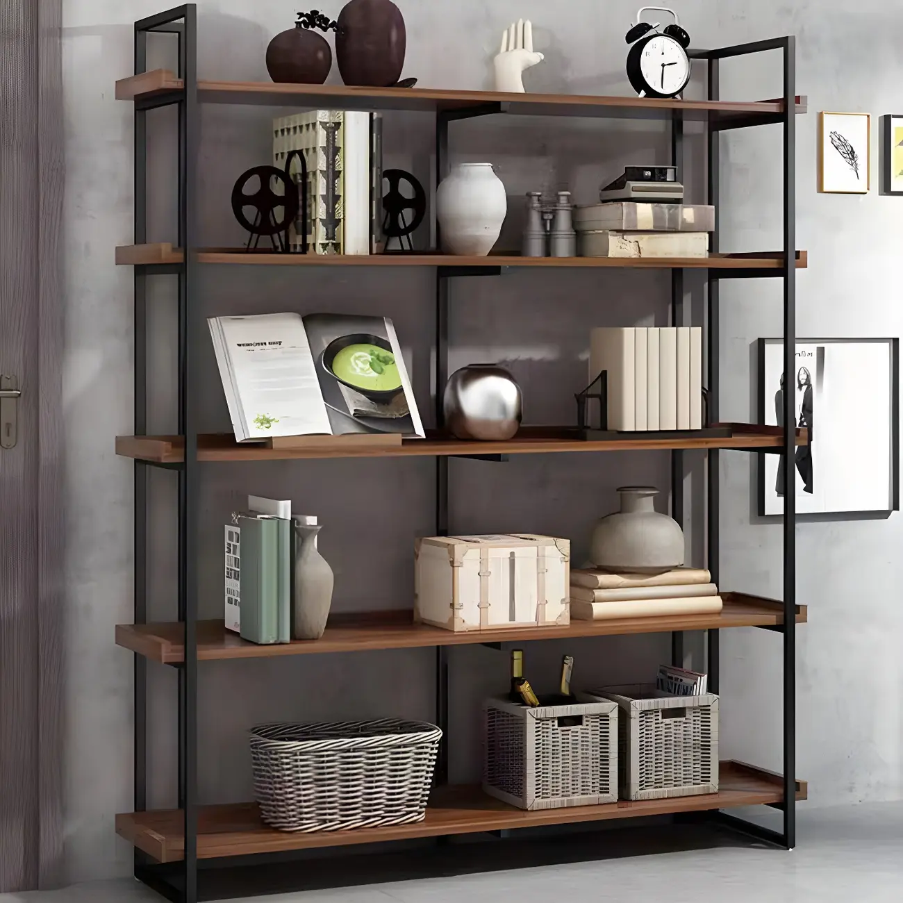5-Shelf Industrial Metal Wood Brown Display Bookcase