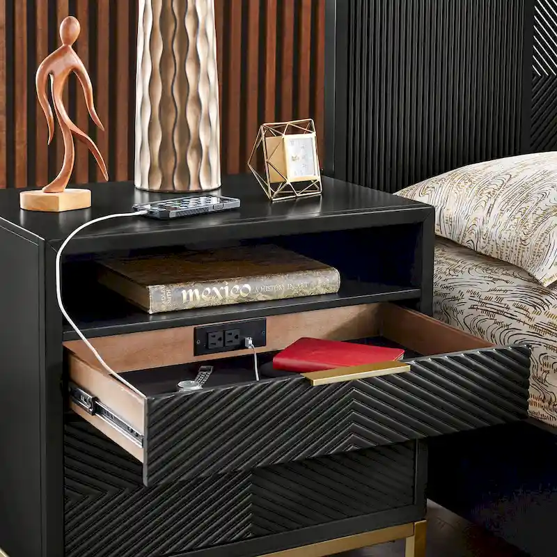 Black 2-Drawer Nightstand with USB Ports, Single