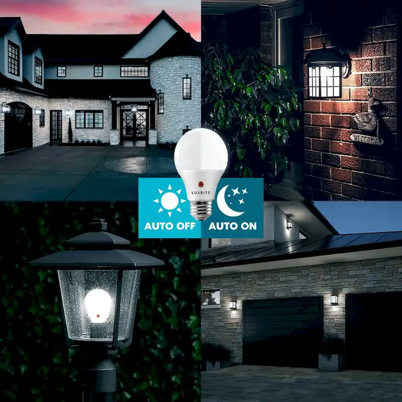 Luxrite A19 LED Dusk to Dawn Light Bulbs Lighting Enclosed Fixture Rated 800lm Damp Rated E26 2 Pack