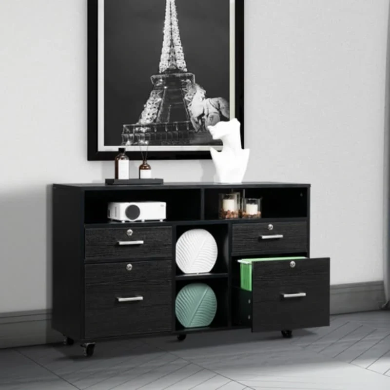 4-Drawer Rolling Wood File Cabinet with Lock
