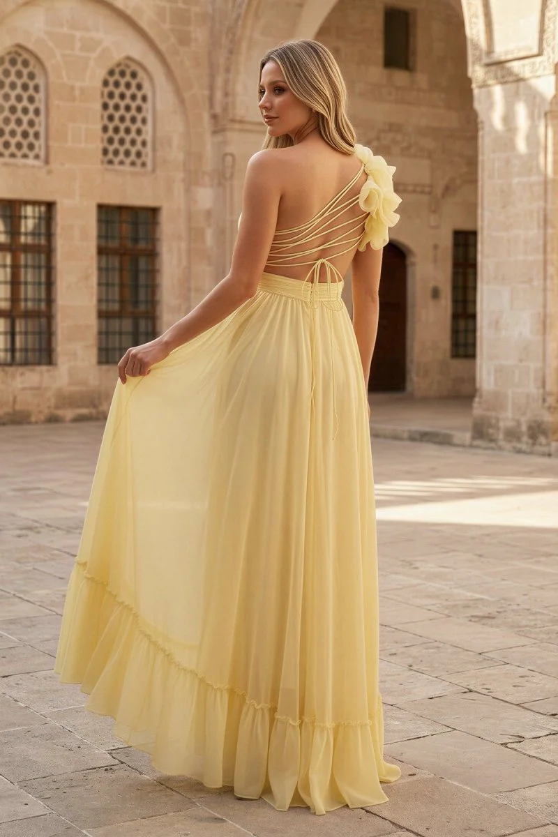 Light Yellow A-line One Shoulder Lace-Up Pleated Ruffle High-Low Prom Dress