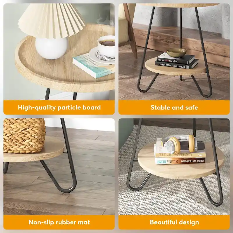 Round Side Table, Wooden End Table, 2-Tier Sofa Side Table with Metal Legs