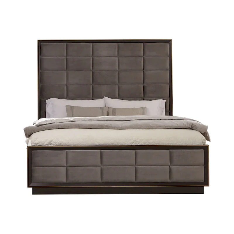 Grey & Smoked Peppercorn Upholstered Panel Bed, Modern Style, No Box Spring Needed