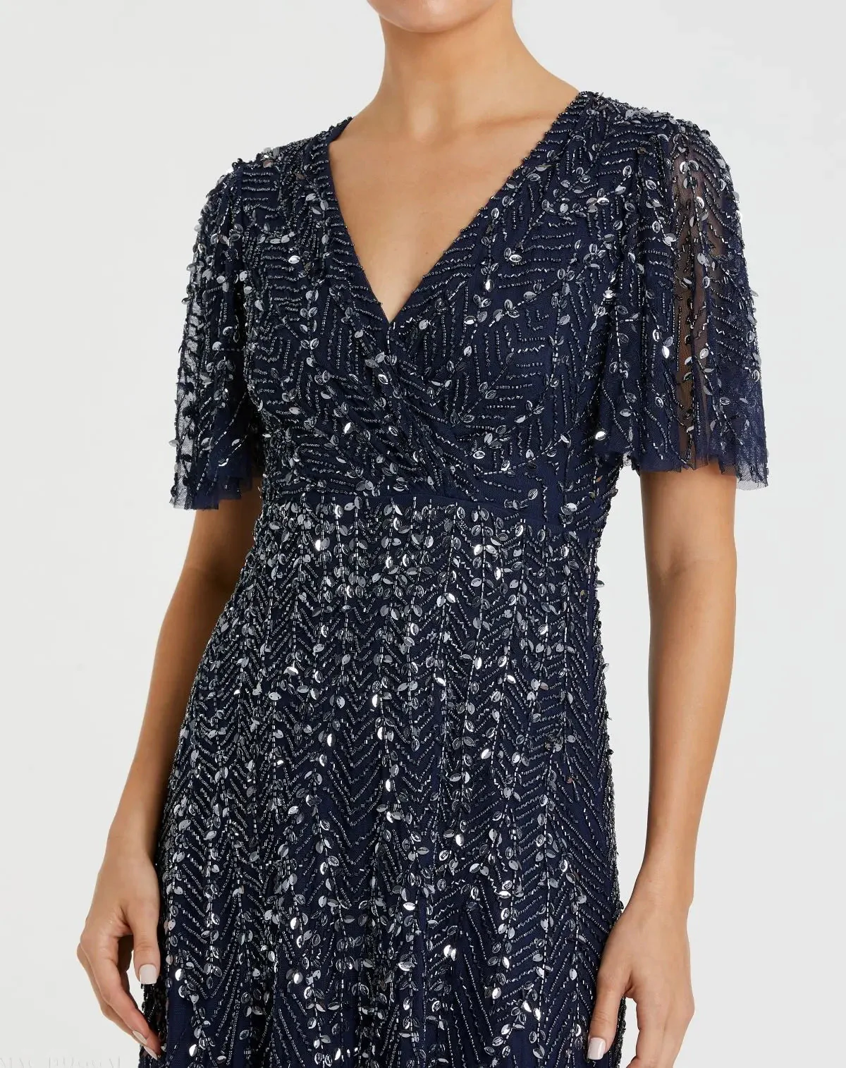 Navy Beaded Wrap Over Butterfly Sleeve Dress